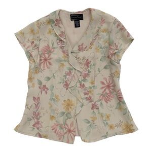 Laura Scott Vintage Tan Floral Button Up Blouse - 6 Petite